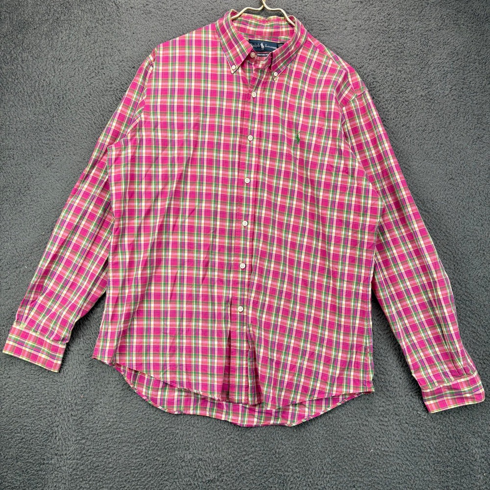 Ralph Lauren Mens Large Custom Fit Button Down Shirt Pink Green Plaid L/S
